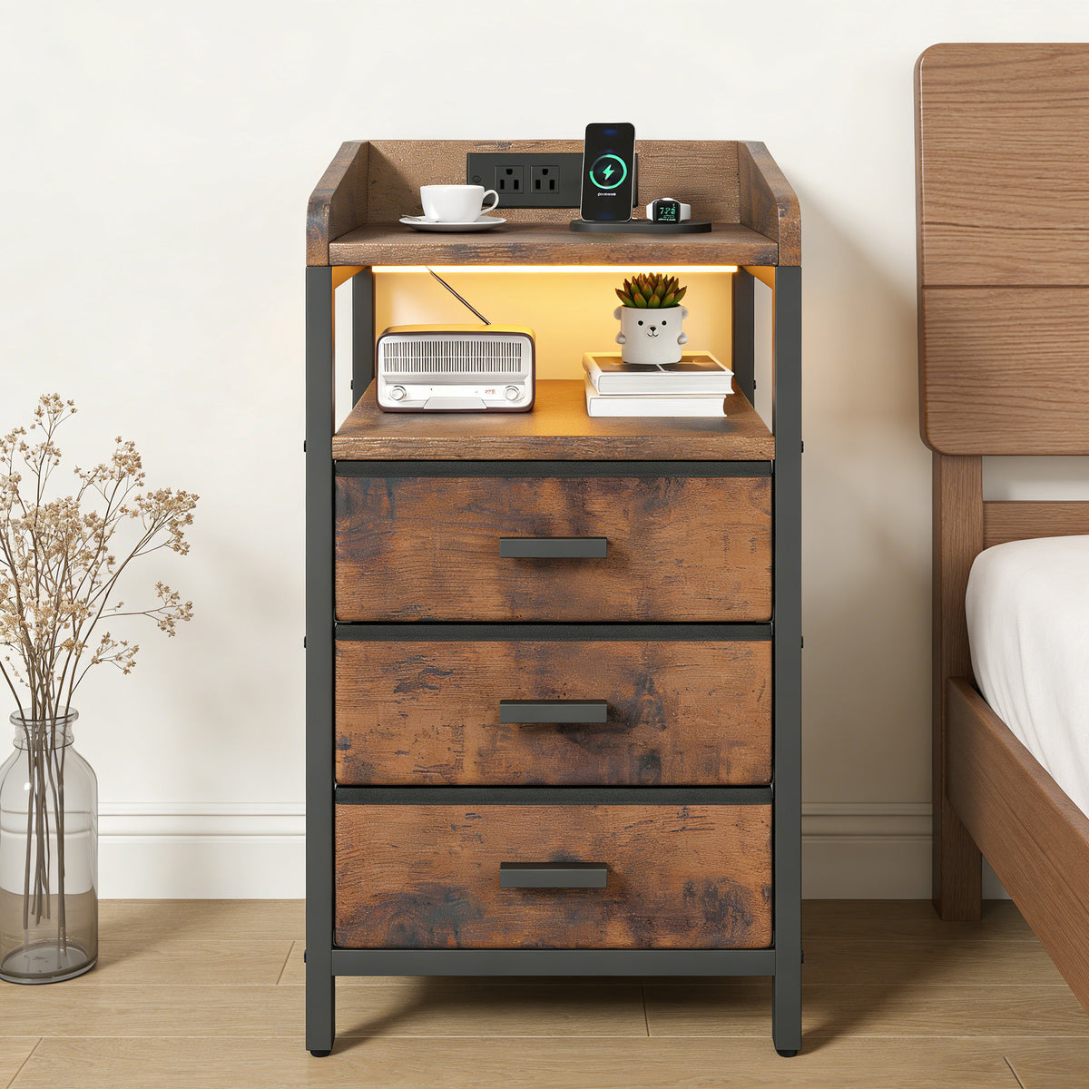 Night Stand With Charging Station And Light Bedside End Table With 3 Fabric Drawers 2 USB Ports And Outlets For Bedroom Rustic Brown