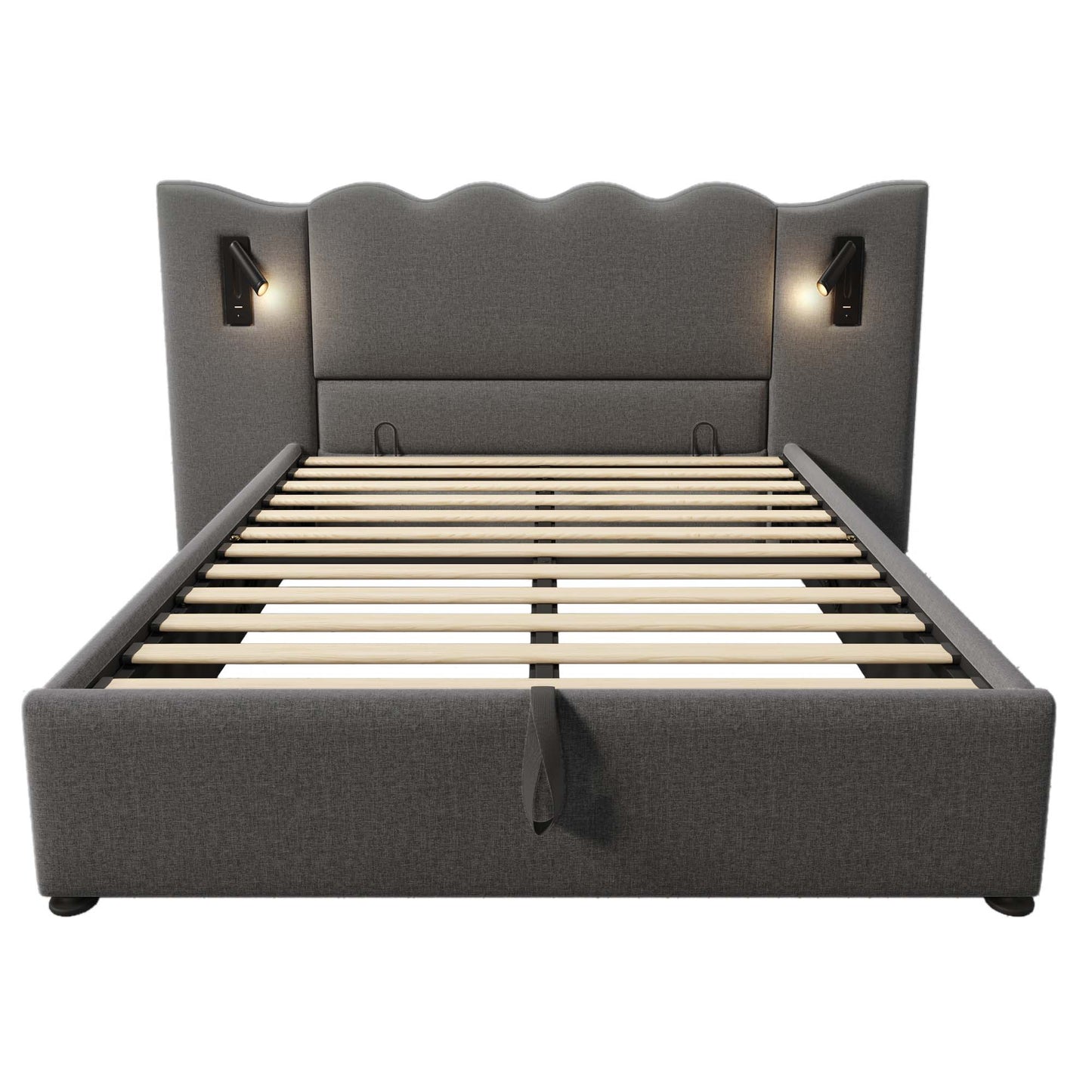 Upholstered Bed Double Bed 160x200 With Reading Lamp And USB Type-C Charging Function, Storage Bed Frame With Slatted Frame Made Of Solid Wood And Metal, Grey, Linen Without Mattress