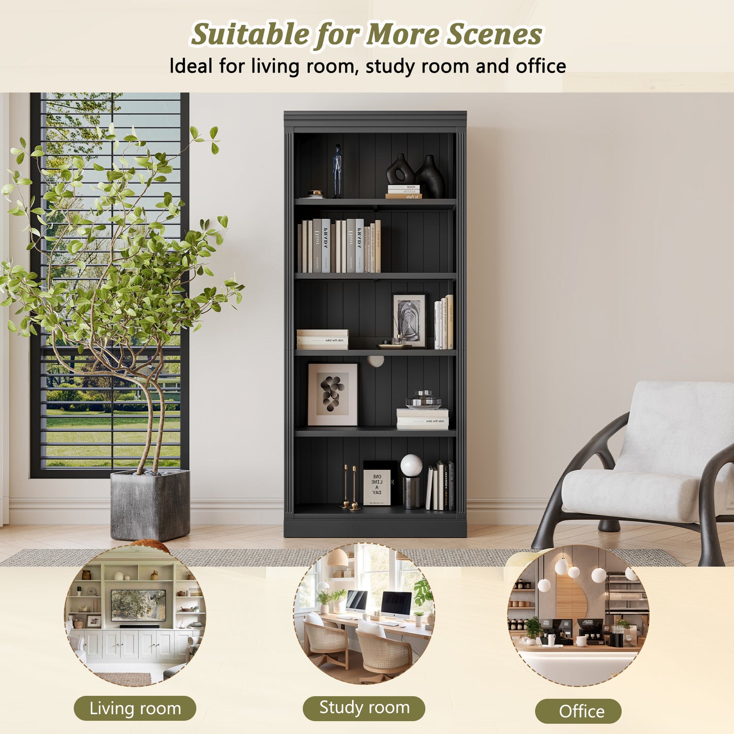 83 Tall Wood Bookcase Suite With Light Strip ,5-Tier Home Decor Bookcase Suite With Adjustable Shelves,Storage Organizer,Free Standing Storage Shelves Suite For Living Room,Home Office,Black