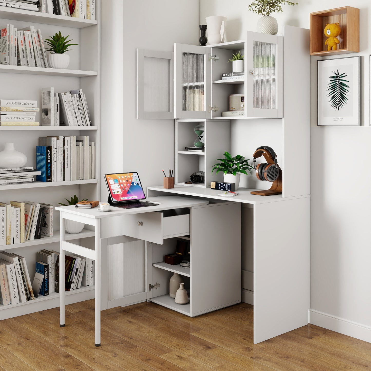 Computer Desk With Glass Door For Home Office Or Study Desk, Bookshelf & Hutch, Computer Desk With 90 Degree Rotating Desktop,Large Working Space