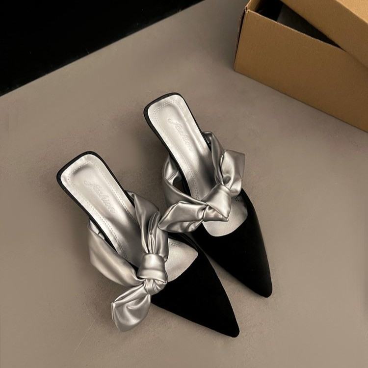 2026 New Spring Summer French Elegant Closed Toe Mules, Women Bow High Heel Slide Sandals For Outdoor Wear, Fairy Style Ladies Shoes