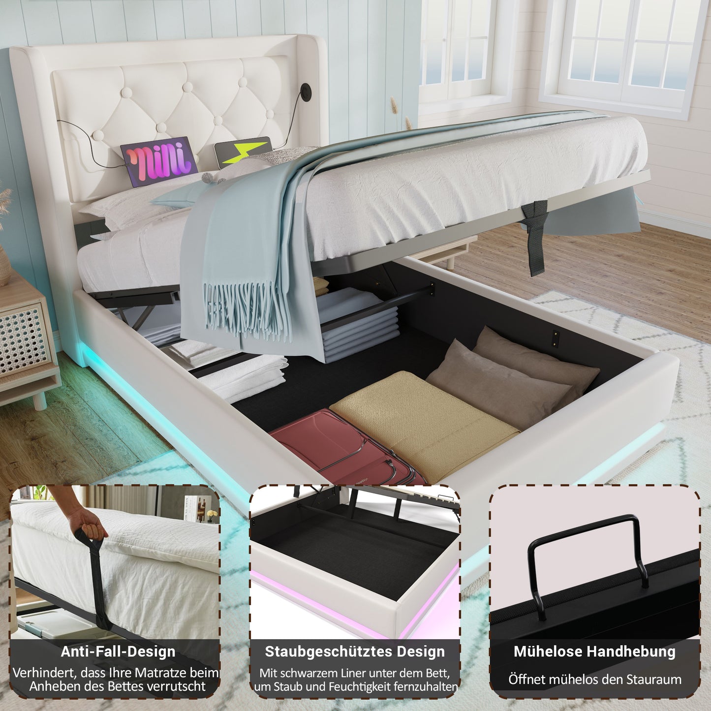 Sofa Bed Single Bed 90x200 Cm, White PU Material Hydraulic Storage Bed, Cushioned Headboard With USB Type-C Charging Function, 3-sided LED Function Without Mattress