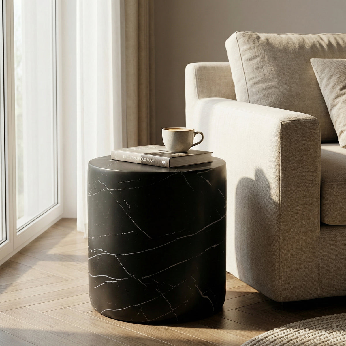 Outdoor Lightweight Concrete MGO Side End Table , Living Room Accent Table,Black Marble