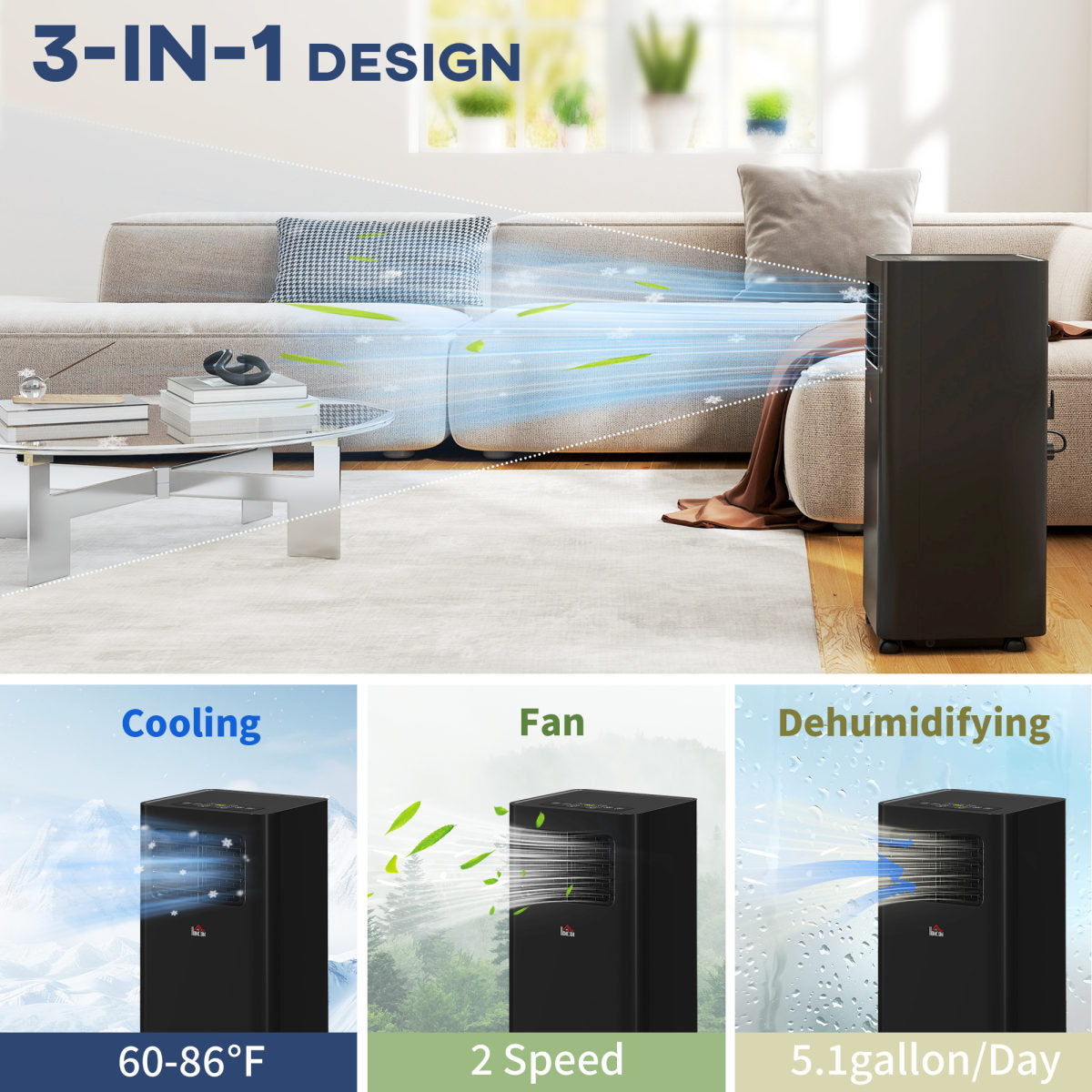 10000 BTU Mobile Air Conditioner, 441 Sq. Ft., AC Unit With Dehumidifier, Sleep, 24H Timer On/Off, Window Kit, Black