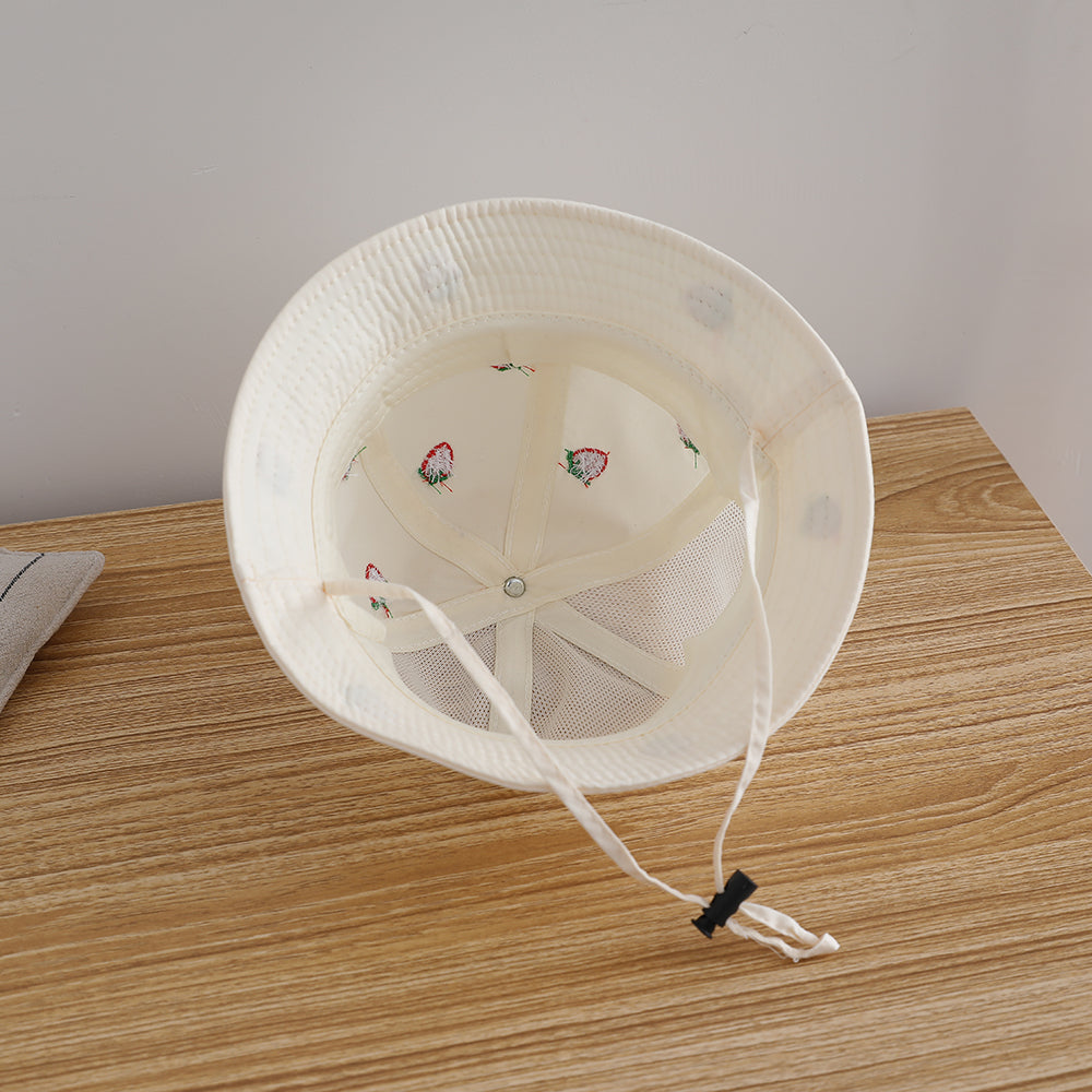 Single-color Strawberry Embroidery Adjustable Patchwork Netting Breathable And Cool Fashion Children's Fisherman Hat For Outdoor Travel And Play