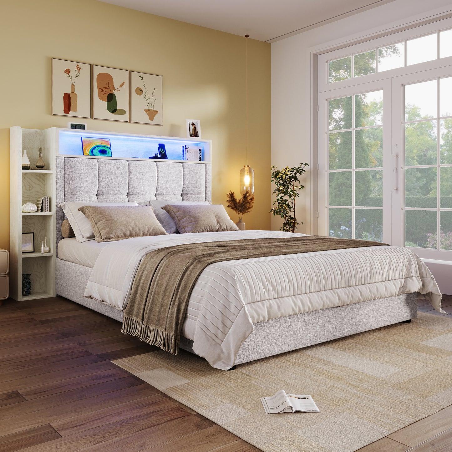 Upholstered Bed , 90x200 Cm, With USB Type-C Charging Function, Without Mattress, Multifunctional Storage, LED Lighting, Pushbutton Appdien,Linen, Beige