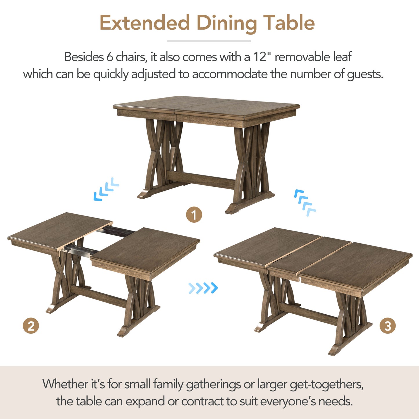 TOPMAx Mid- Century Solid Wood 7- Piece Dining Table Set Extendable Kitchen Table Set With Upholstered Chairs And 12 Leaf For 6 Golden Brown Gray Cushion