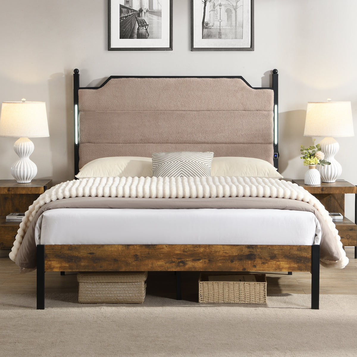 Queen Bed Frame , Upholstered Headboard With Charging And Touch Sensitive LED Lights, Under Bed Storage, No Box Spring Needed,Noise Free
