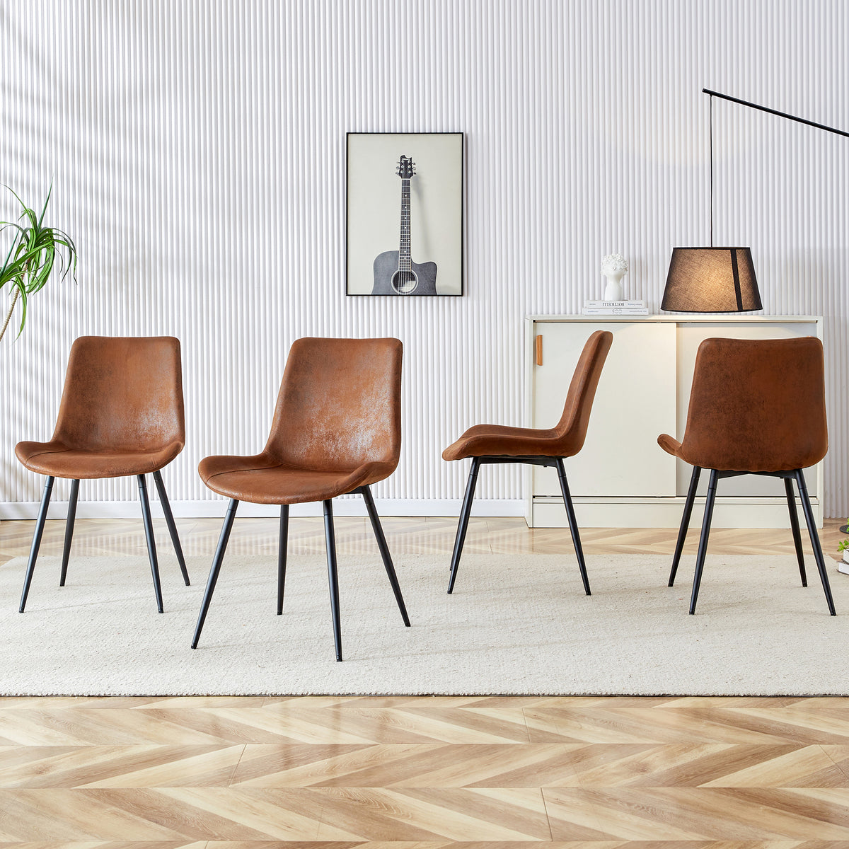 4-Piece Set Brown Breathable Tech-Fabric Dining Chairs Modern Design With Widened Seat, Backrest & Non-slip Metal Feet For Home And Office.