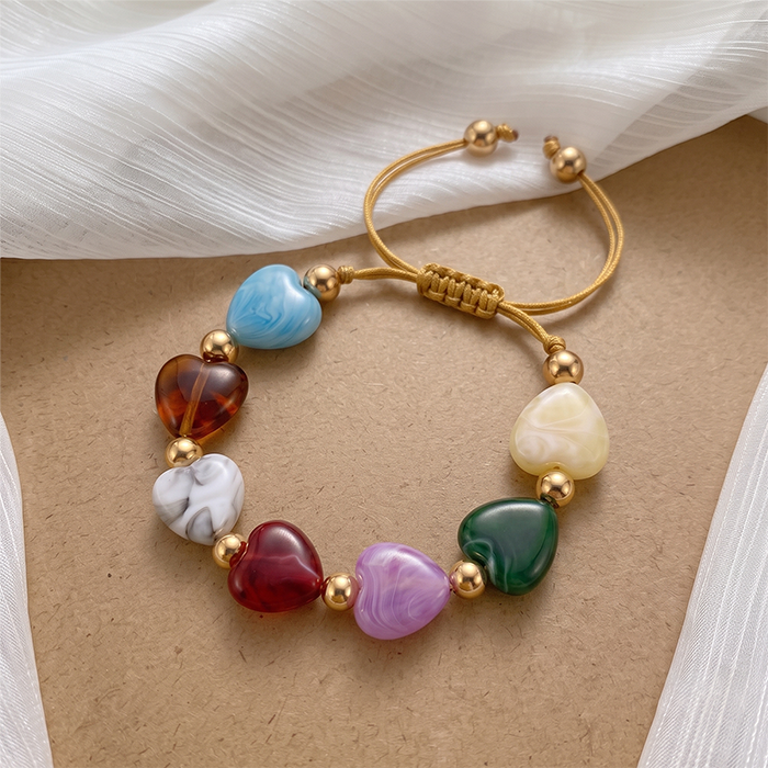 Multicolor Marbled Heart Glass Bead Braided Adjustable Bracelet, Gold Spacer Bead Drawstring Wrist Band, Women Sweet Colorful Daily Fashion Matching Accessory Gift