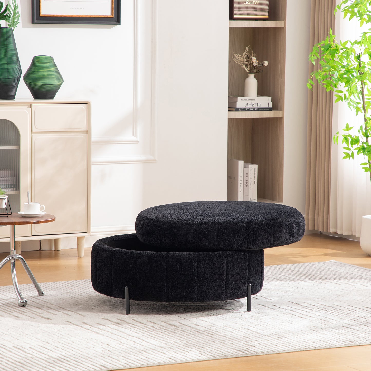31.3 W Upholstered Round Ottoman With Reversible Lid, Chenille Storage Stool, Channel Tufted Pumpkin-shape Footstool For Living Room, Bedroom And Office, Black