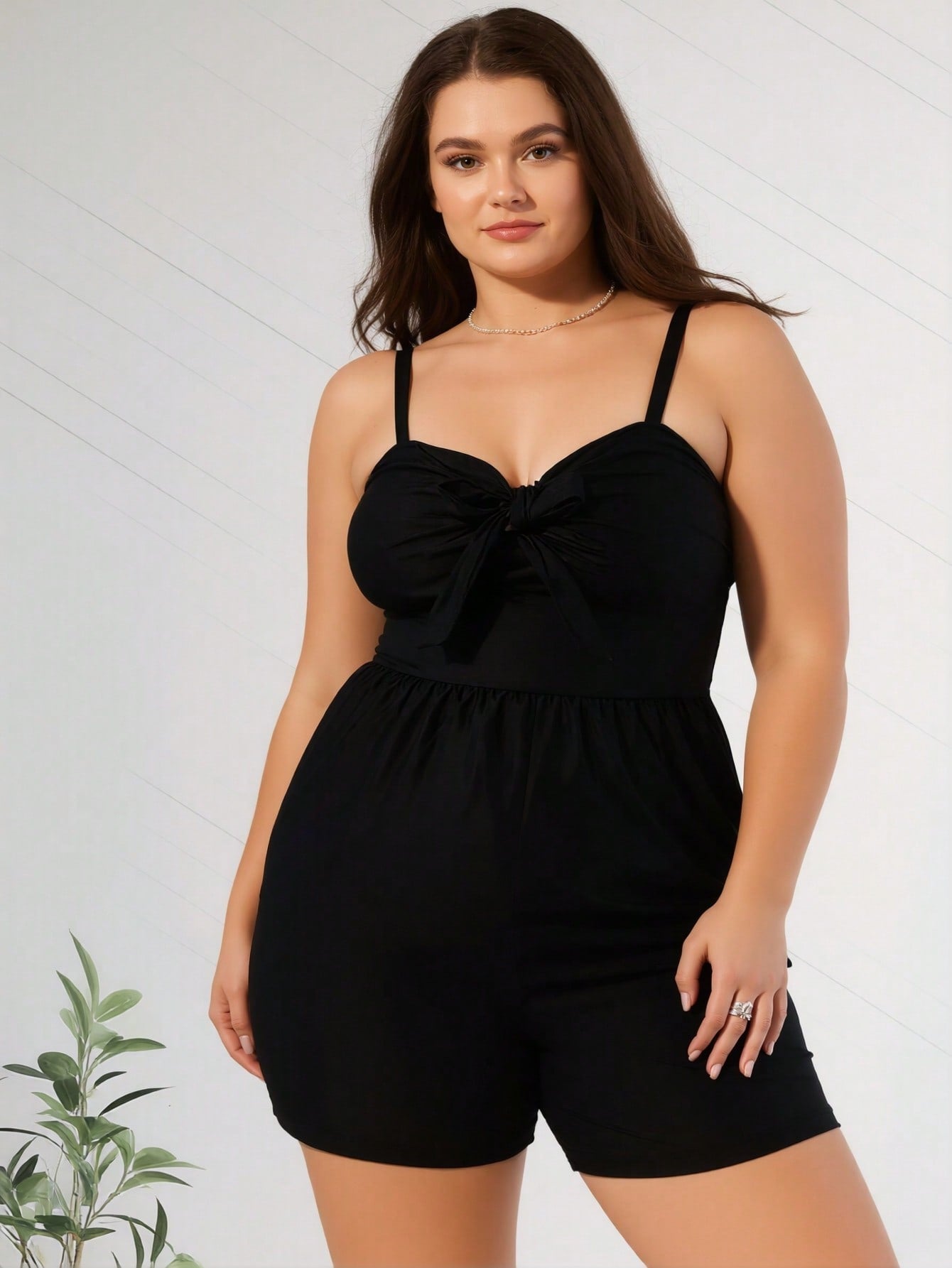 2026 New Women's Plus Size One-Piece Swimsuit: Black Solid Color, Sweetheart Neckline With Front Bow Detail, Adjustable Spaghetti Straps, Flowy Skirted Short Silhouette