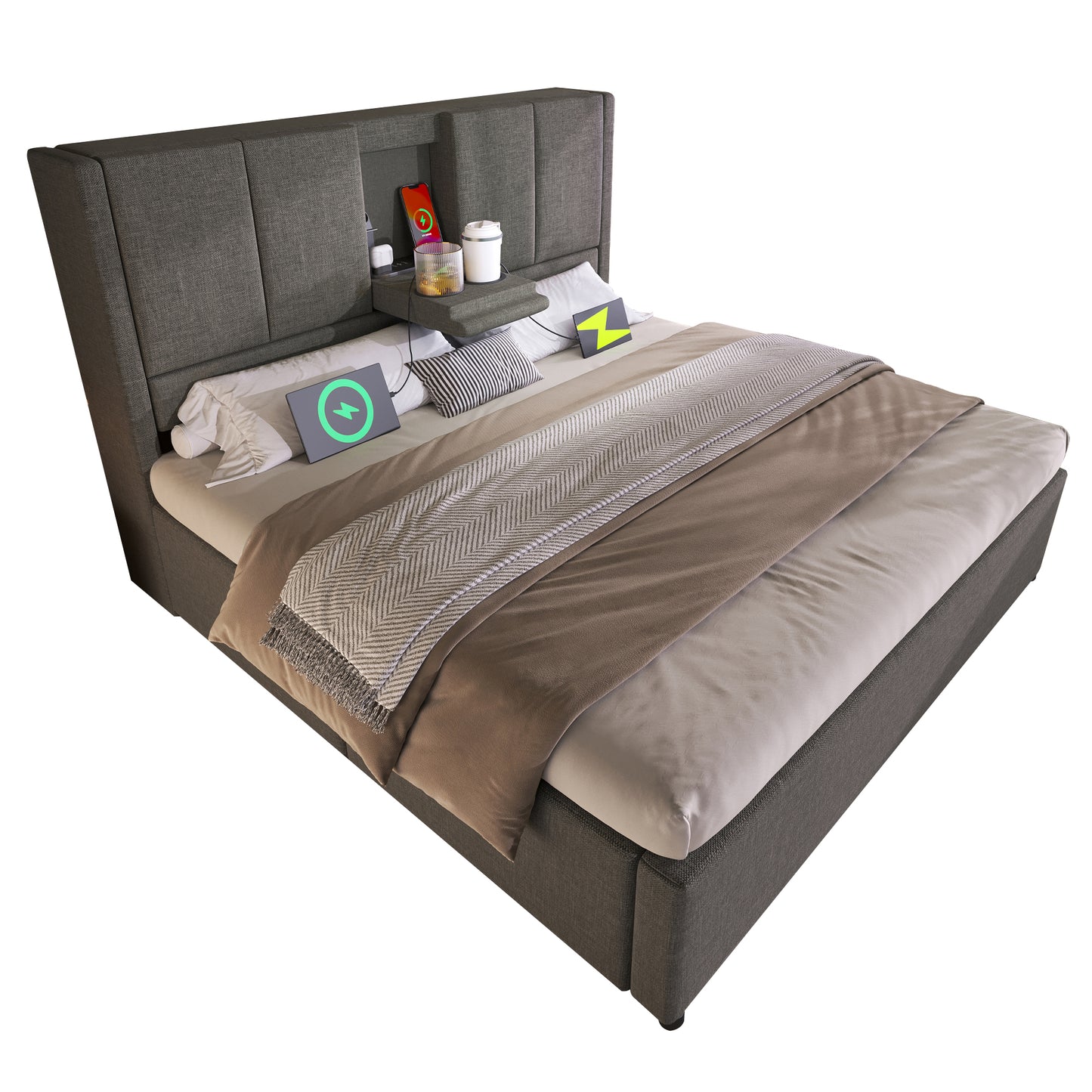 Upholstered Bed 140x200 Cm, Double Bed With Hidden Cup Holder & Charging Station, Hydraulic Bed With Storage Space Under The Bed, Incl. Slatted Frame, Linen Grey Without Mattress