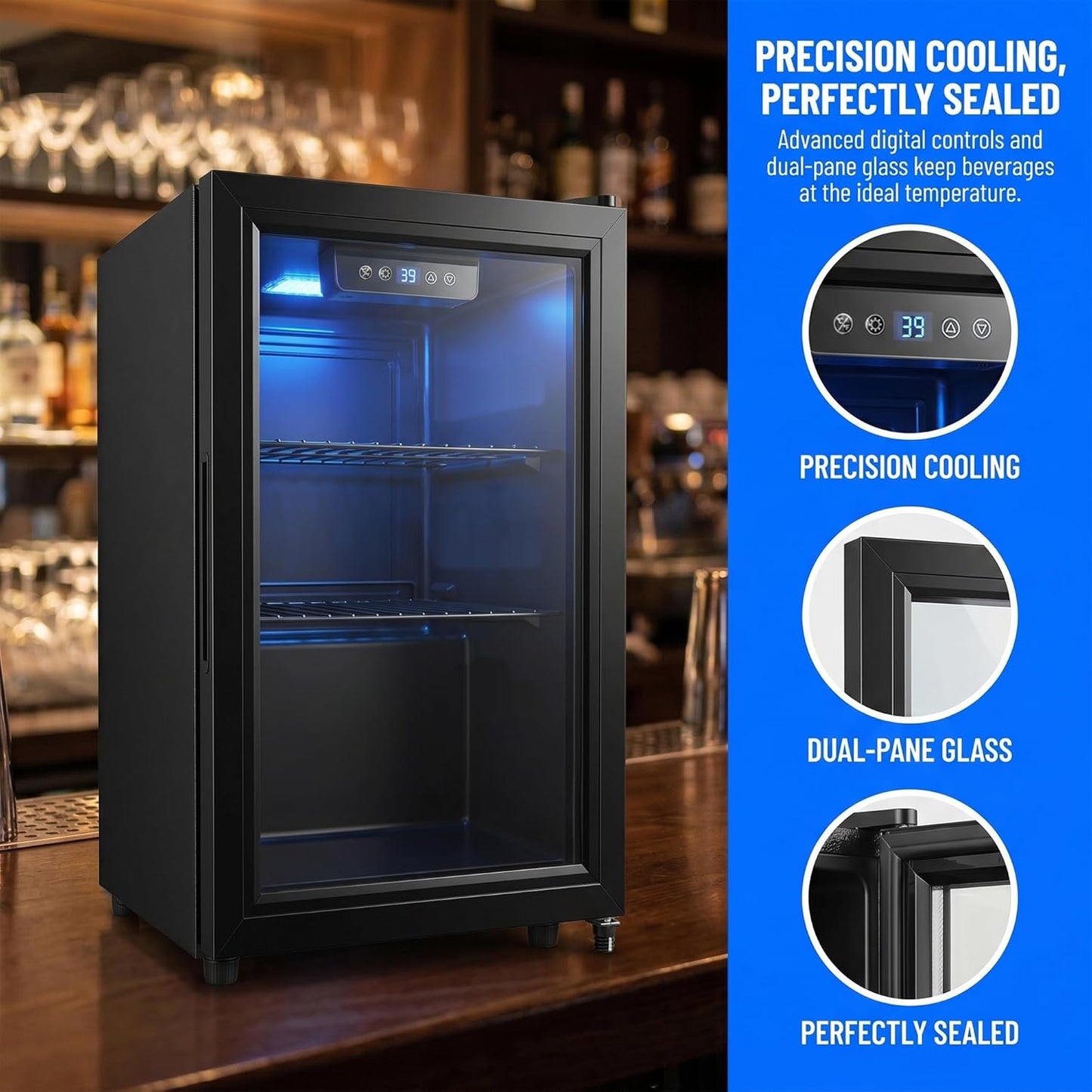 1.8 Cu Ft Beverage Refrigerator, 70 Can Mini Fridge With Glass Door, Digital Temperature Control, Adjustable Shelves, Quiet Cooler For Beer Soda Wine, Office Dorm