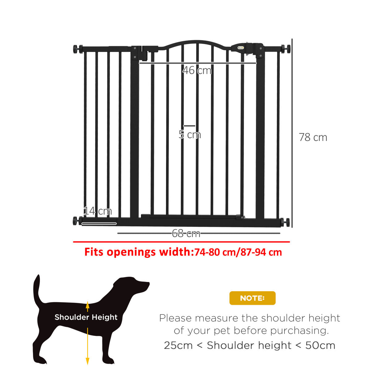 PawHut Metal 74-94cm Adjustable Pet Gate Safety Barrier W/ Auto-Close Door Black