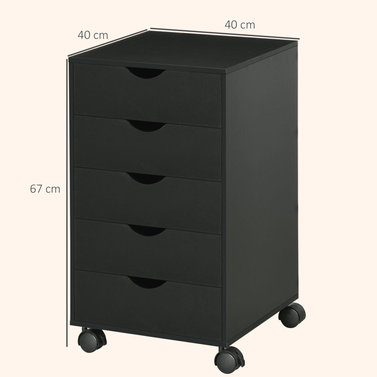 5 Drawer Mobile Filing Cabinet, Vertical File Cabinet, Modern Rolling Office Storage Organizer Cupboard, Black