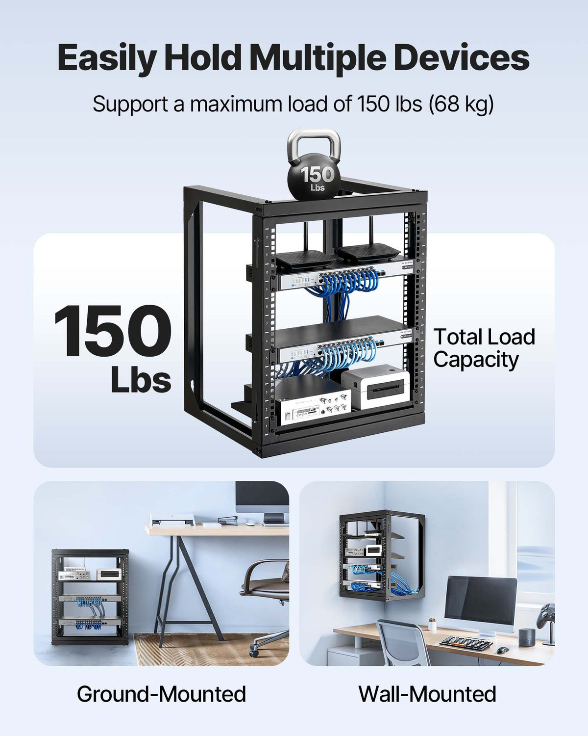 12U Wall Mount Server Rack, 150 Lbs Max Load Capacity, Open Frame Network Rack With 180 Degrees Gate Swing, Carbon Steel, For 19-Inch IT Network Equipment & AV Devices Computer Server, Black