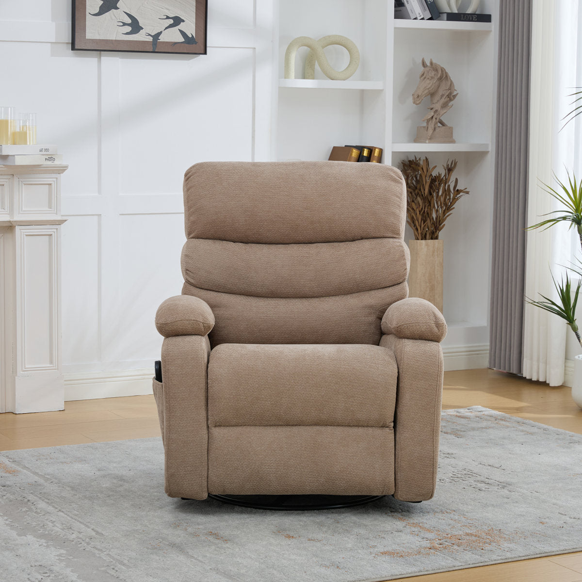 Electric 360 Swivel Recliner With Massage And Heat Function, Manually Adjustable Backrest And Footrest, And Side Storage Pockets. Taupe