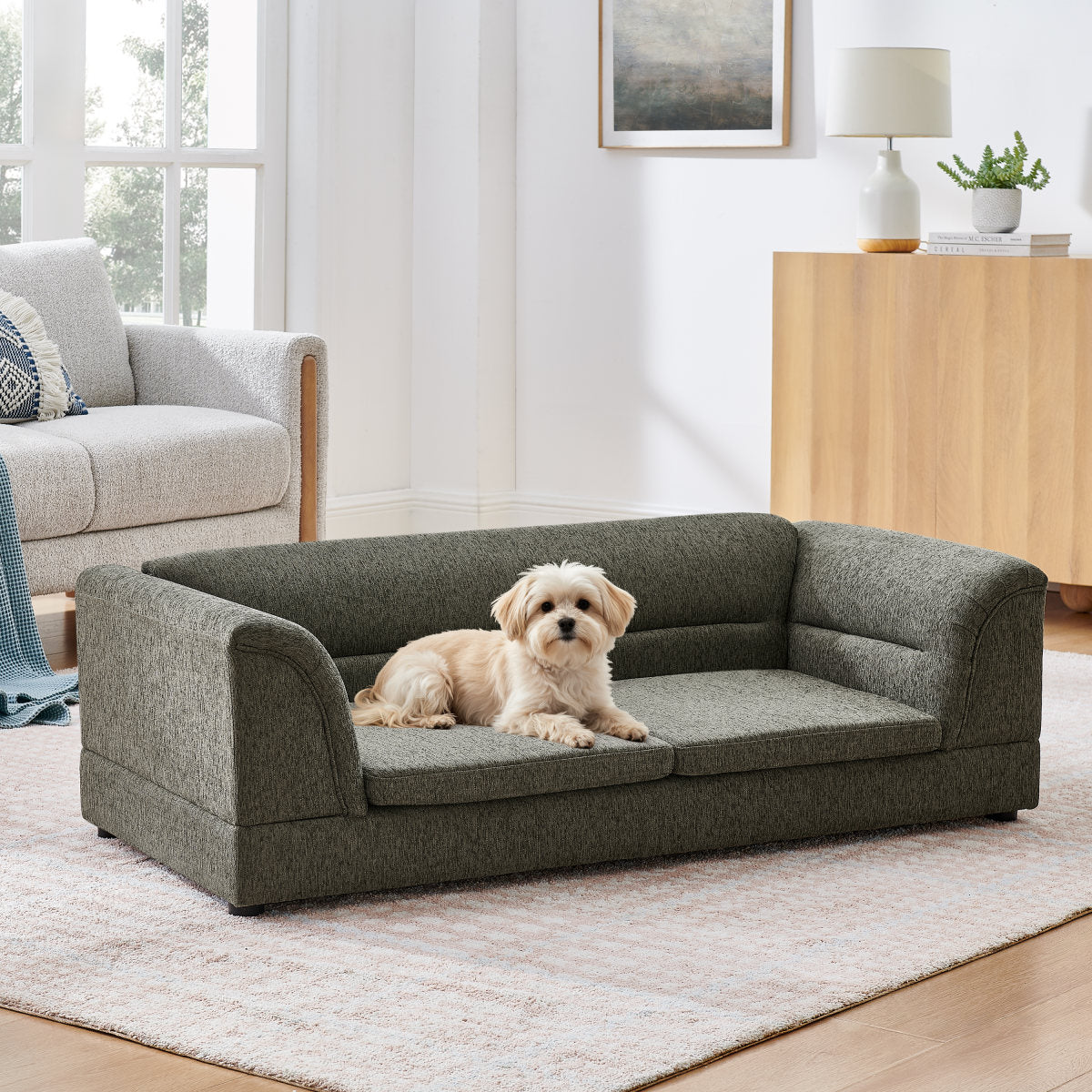 Oversized Pet Sofa, Curved Armrest Rectangular Dog Sofa, Linen Fabric Comfort Pet Couch for Large & Oversized Dogs-Dark Gray