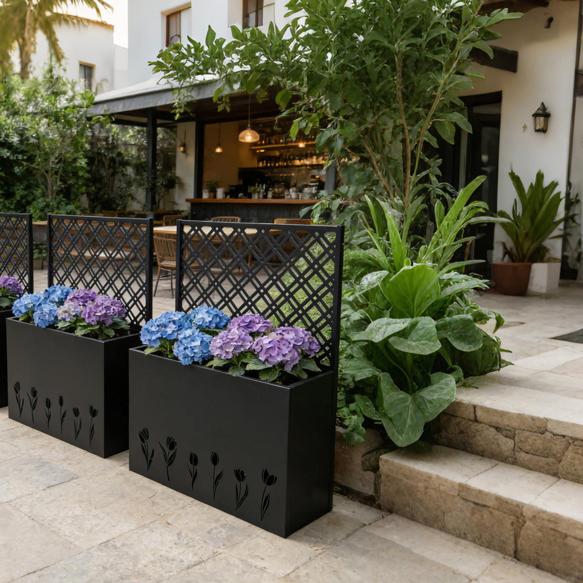 Tall Metal Planter Raised Garden Bed With Trellis 35.5in L X 11.9in W X 47.3in H - Large Flower Box Privacy Screen For Porch, Patio, Garden, Commercial Decor, Tulip Black