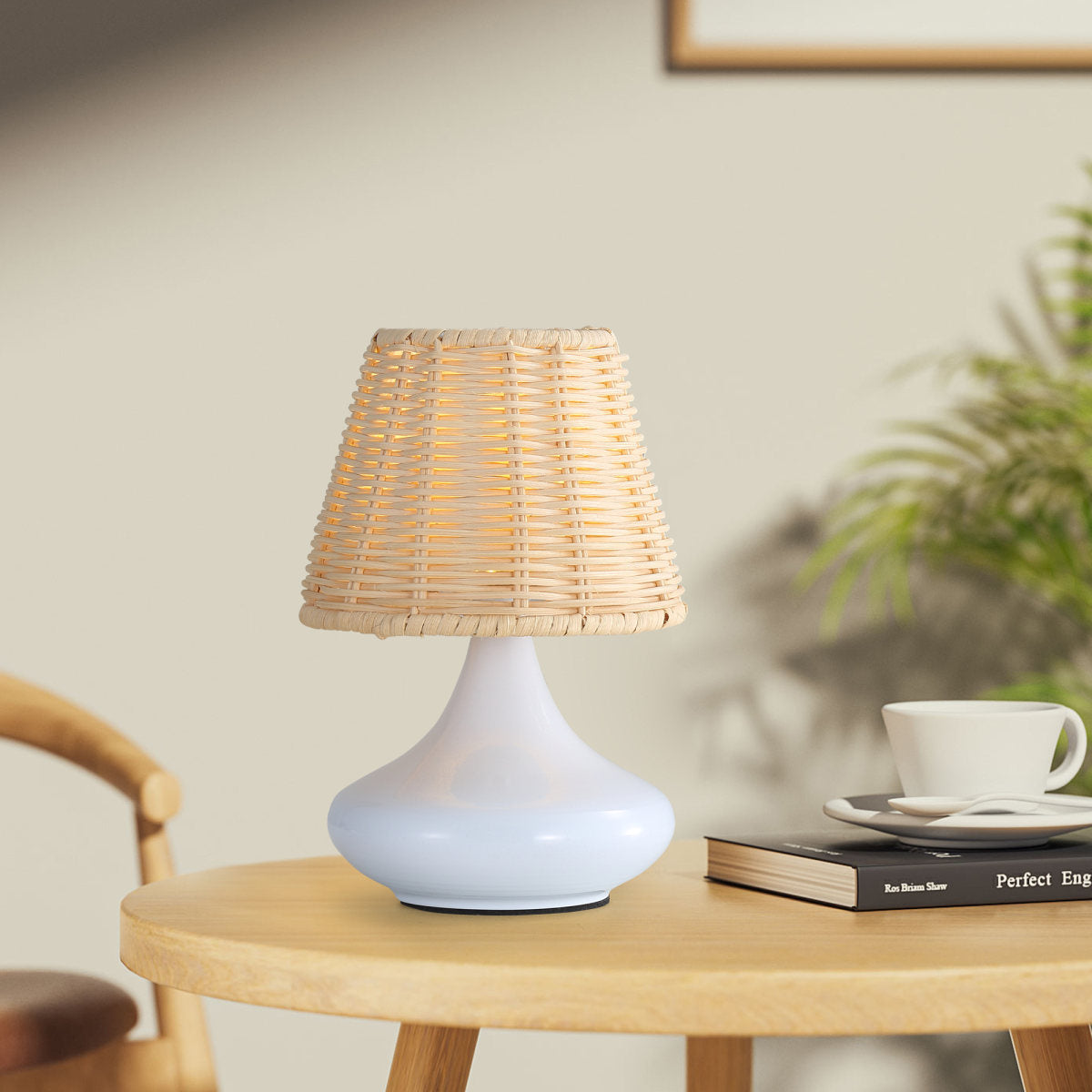 White Woven Bamboo Table Lamp Dimmable Desk Lamp Night Light With Iron Base & Three Color Temperatures