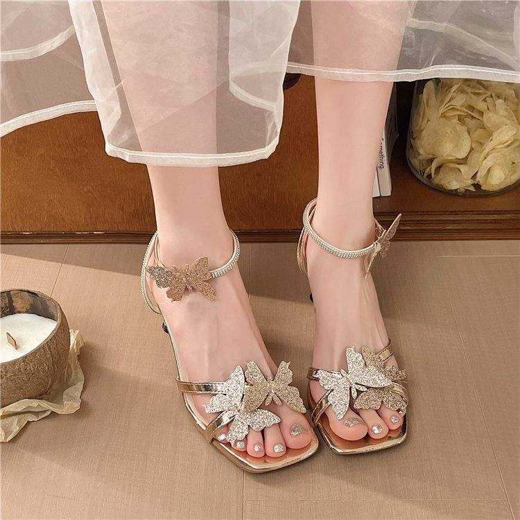 Women's New Summer Fashion Versatile Square Toe Korean Style High Heels With Bow & Shiny Rhinestones