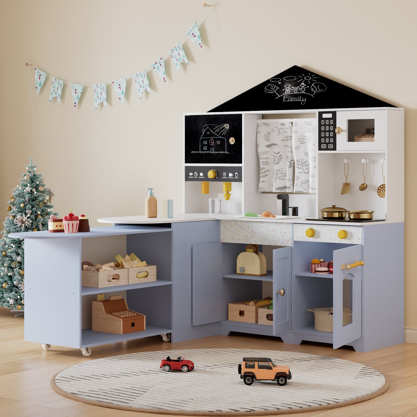 Children's Kitchen, Play Kitchen - Creative House Design, Accessories And Surprise Effects, Suitable For Children Aged 3 And Up, Wood Plastic, White Purple, 60x90x105cm