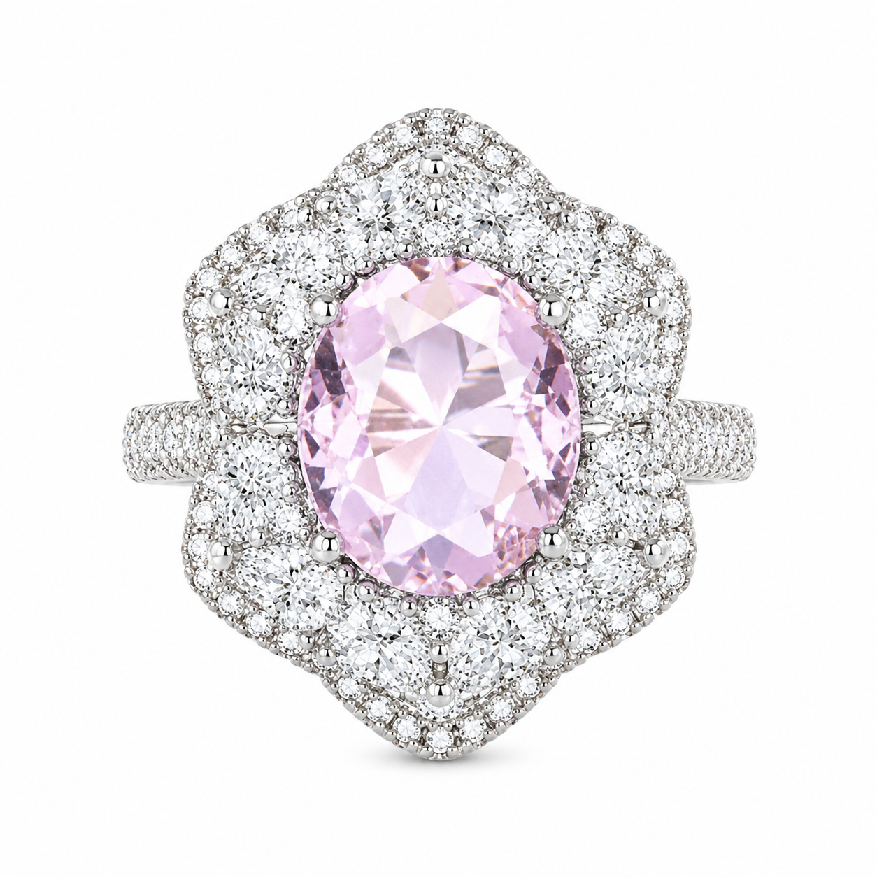 Oval CZ Floral Double Halo Open Adjustable Ring For Women, Copper Plated Silver Pave Diamond Cocktail Wedding Statement Jewelry Gift