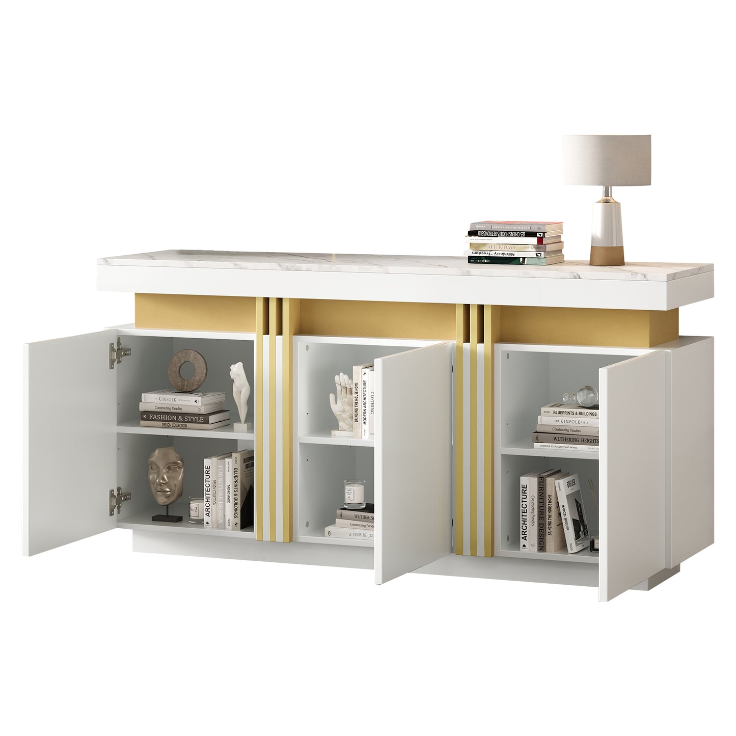 140X38X70cm Modern White Sideboard Display, 3 Doors, Dining Room Cabinet With Adjustable Dividers, Perfect For Kitchen, Living Room, Dining Room, Hallway, Platinum Stitching, Wide Handleless Lockers
