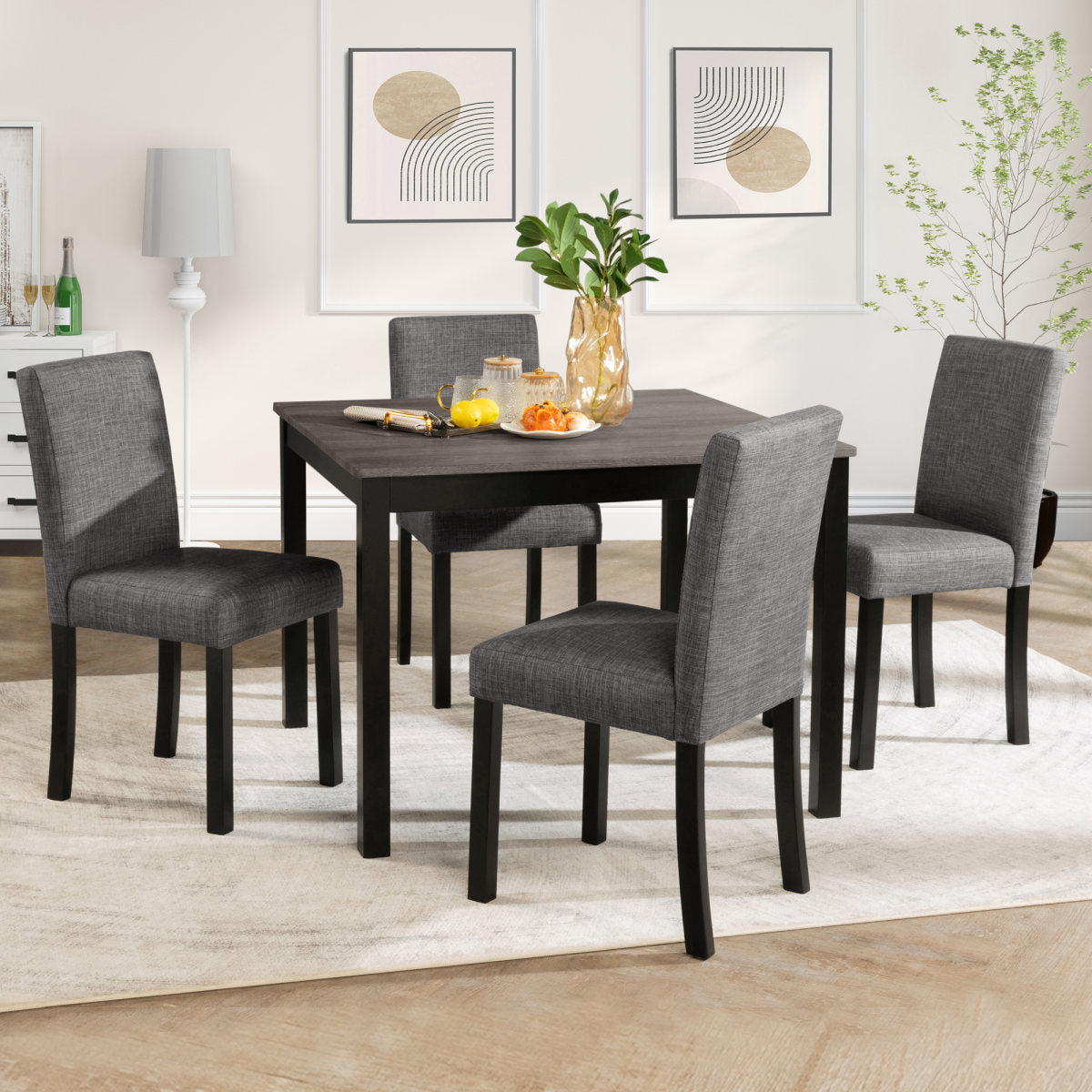 5-Piece Dining Table Set with 4 Chairs, Dining Table Set for 4 with Chairs, Wooden Dining Table Set for Kitchen, Dining Room, Light Grey & Black Two Tone