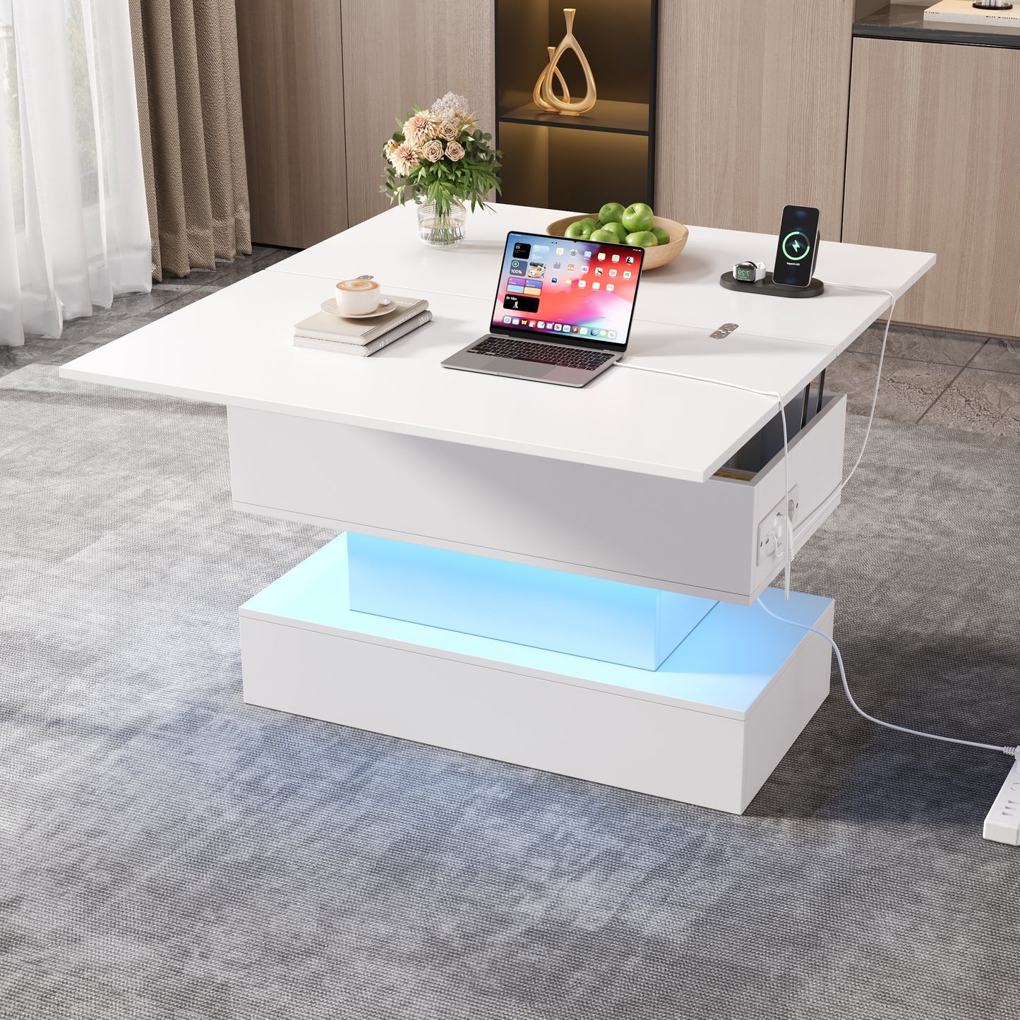 100x50x51.5cm Coffee Table With Power Outlet, USB-C & USB Charging Port, Multifunctional Living Room Table With LED, Liftable Coffee Table, Height-adjustable Sofa Table, Side Table And Dining Table Wi
