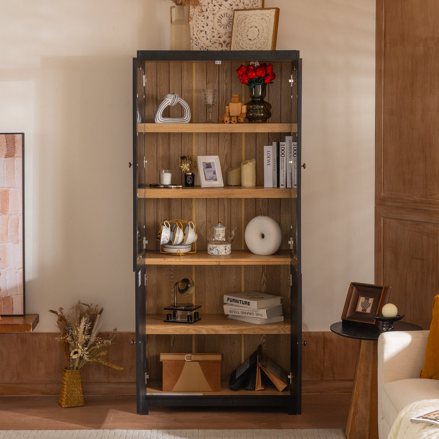 74.5 H Ash Wood Grain Display Cabinet, Bookcase With Glass Doors & Adjustable Shelves, Mid-Century Modern Bookshelf, Curio Cabinet For Hallways, Livingroom Kitchen & Office - Black