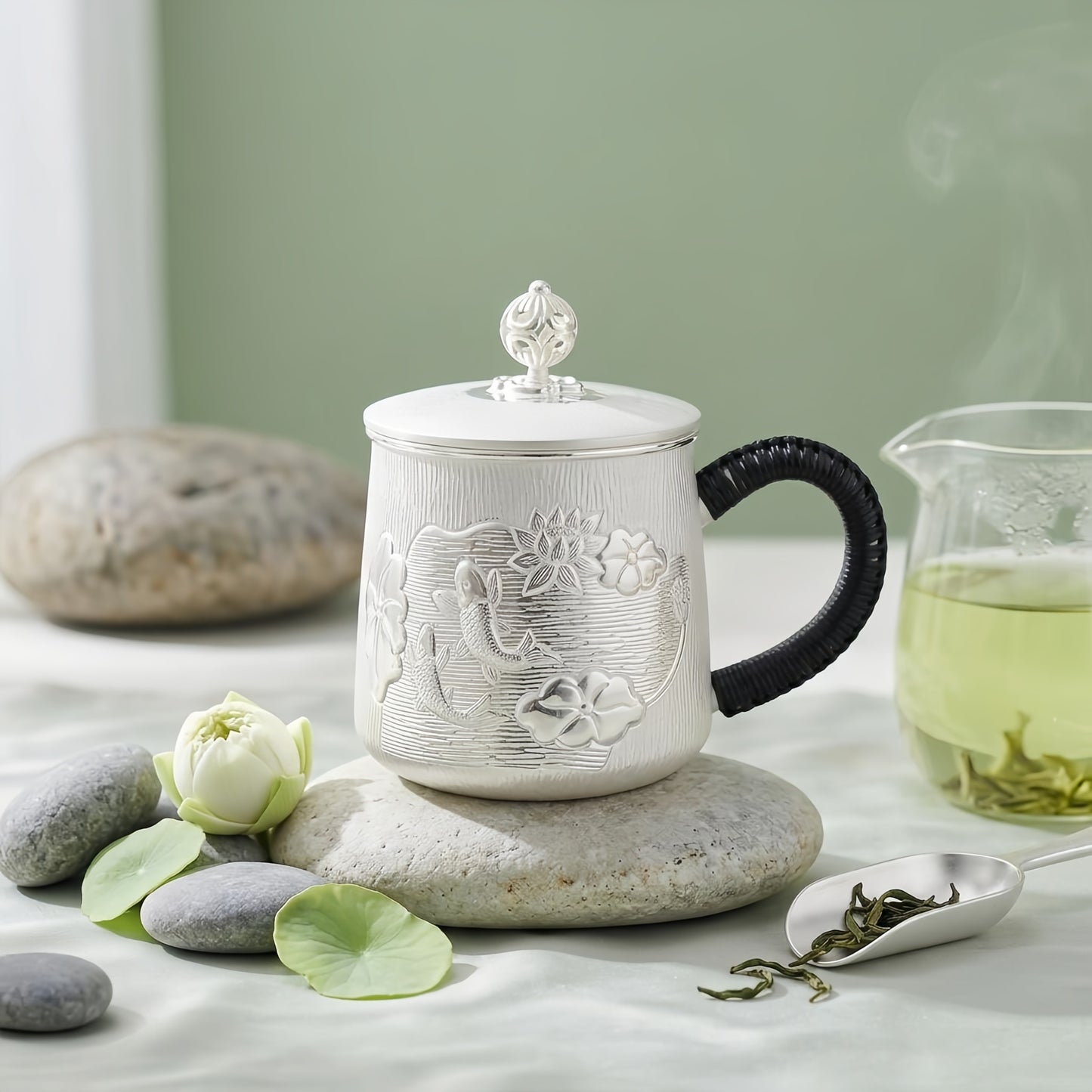925 Sterling Silver Elegant Silver Tea Mug featuring Embossed Koi and Lotus Design with Woven Handle - Handicraft