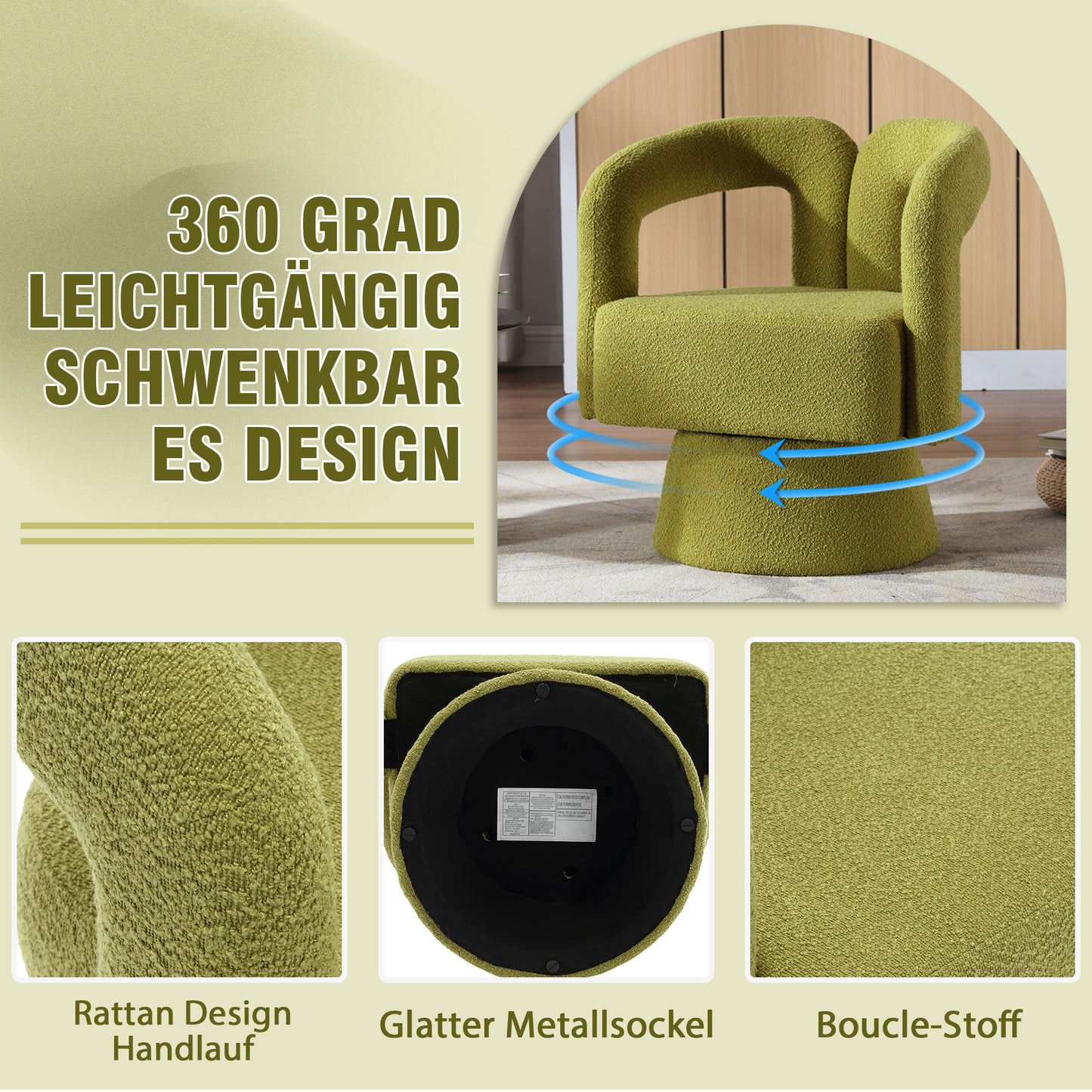 Old SKU W1880P163401 360 Degree Swivel Snuggle Barrel Accent Chairs, Round Armchairs With Wide Upholstery, Fluffy Fabric Armchair For Living Room, Bedroom, Office, Waiting Rooms, Olive