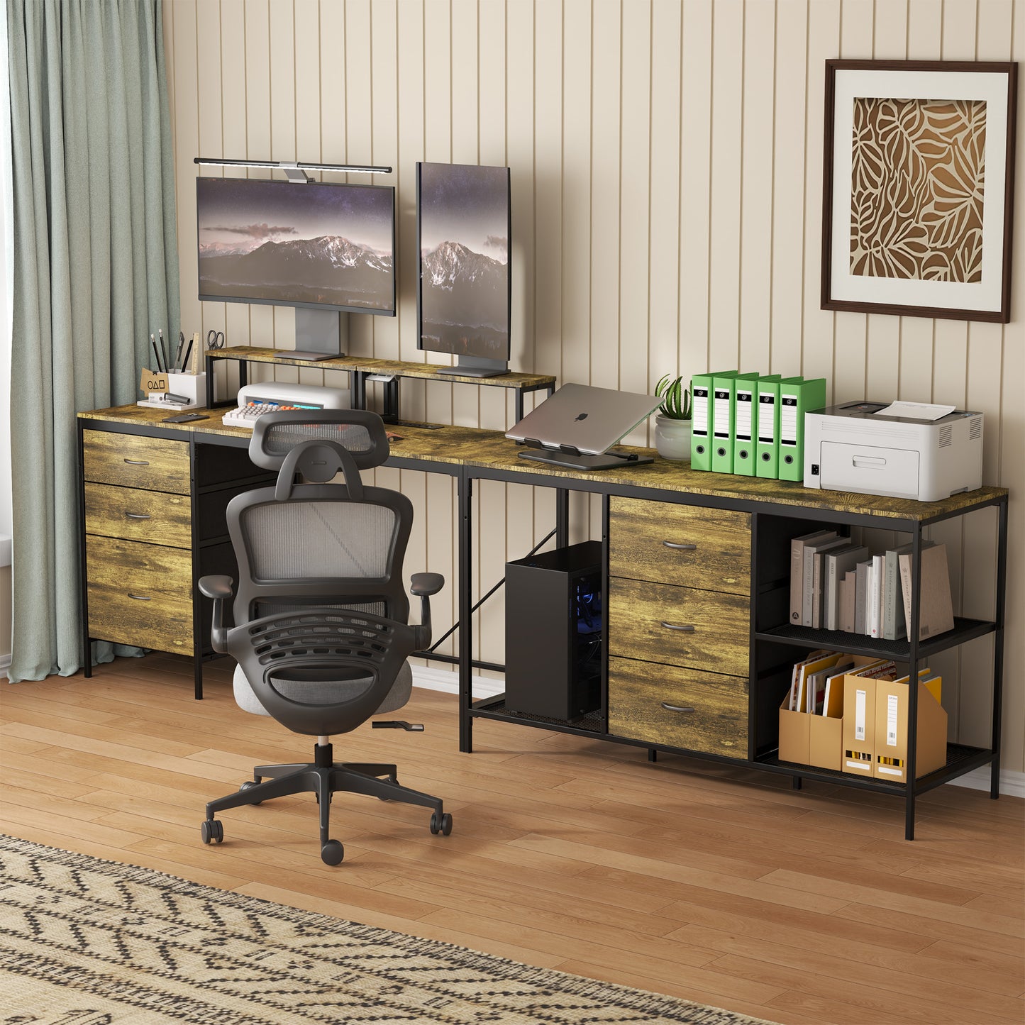 114 L-shaped Desk With Power Hub, Industrial Gaming Desk - 6 Drawers, Removable Monitor Stand, Rustic Brown Home Office