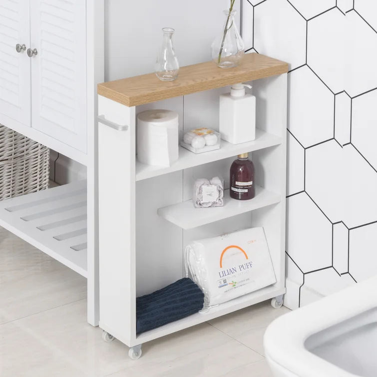 Freestanding Rolling Toilet Side Gap Storage Shelf, Metal Frame Solid Wood Top Multi-Tier Bathroom Organizer Narrow Space Saver Cabinet With Wheels