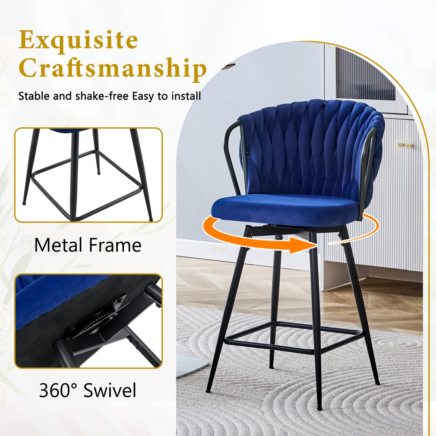 Set Of 2 Modern Velvet Braided Bar Stool With Metal Frame, Upholstered Counter Height Stool With Woven Rope Backrest For Kitchen Island, Home Bar Or Dining Area -Blue