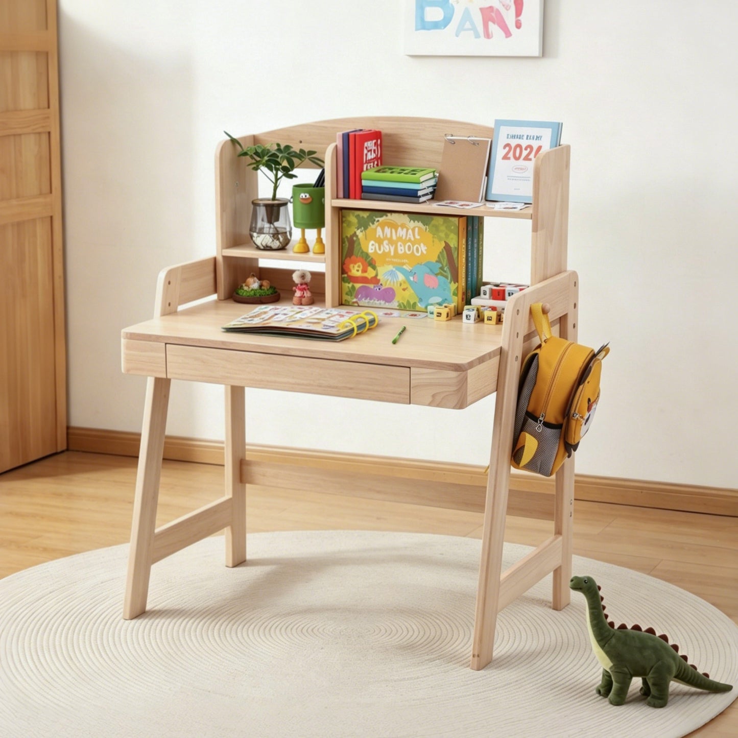 Children's Table, Height-adjustable Solid Wood Children's Desk, Natural Colours, With Drawer, Storage Space & Hooks, Safety Certified, For Children Aged 6 And Over