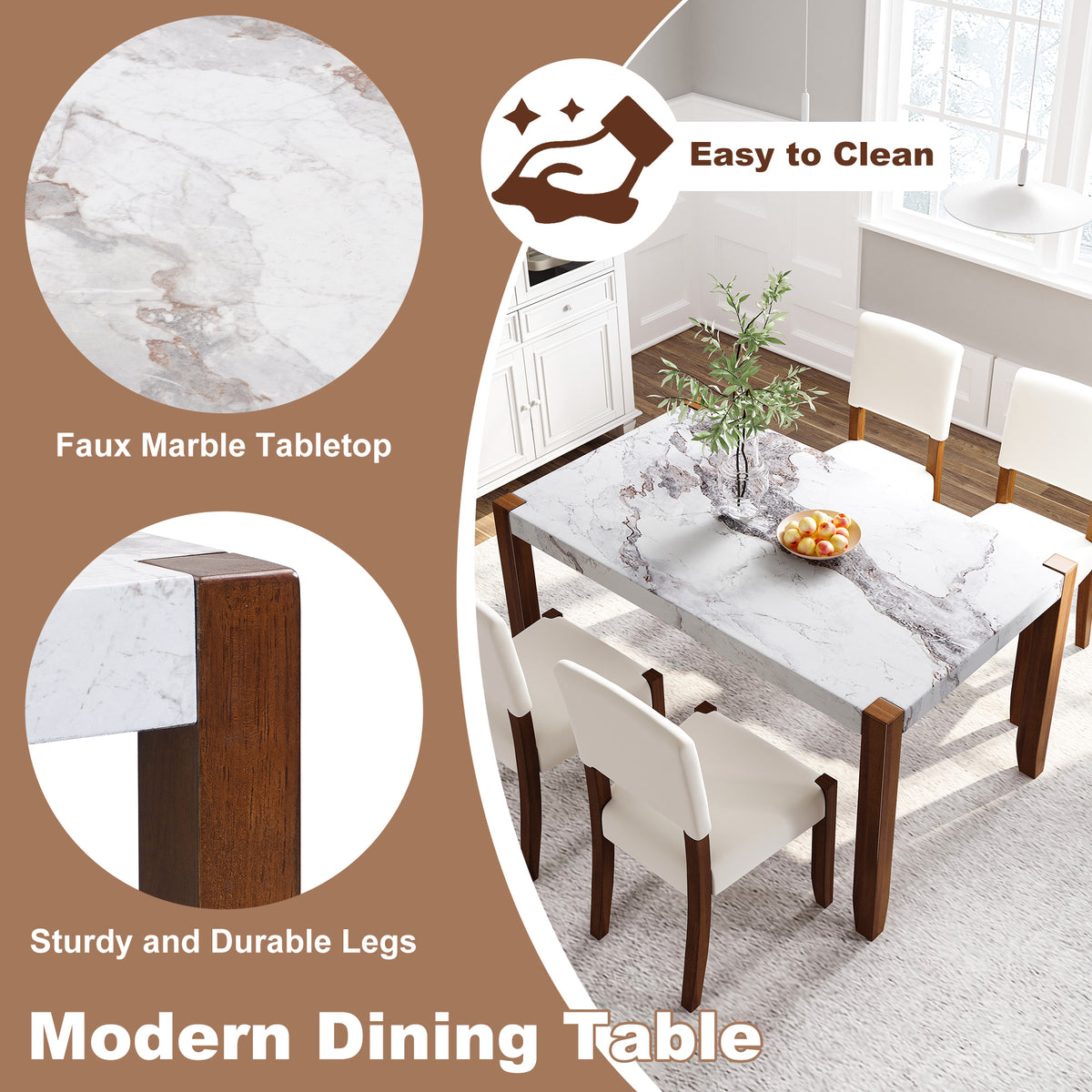 46.5 Modern Dining Table, Rectangular Faux Marble Style Table With Sturdy Wood Legs, Easy To Clean Rectangular Kitchen Table For Dining Room, Living Room, Easy Assembly OLD SKU WF321684AAK