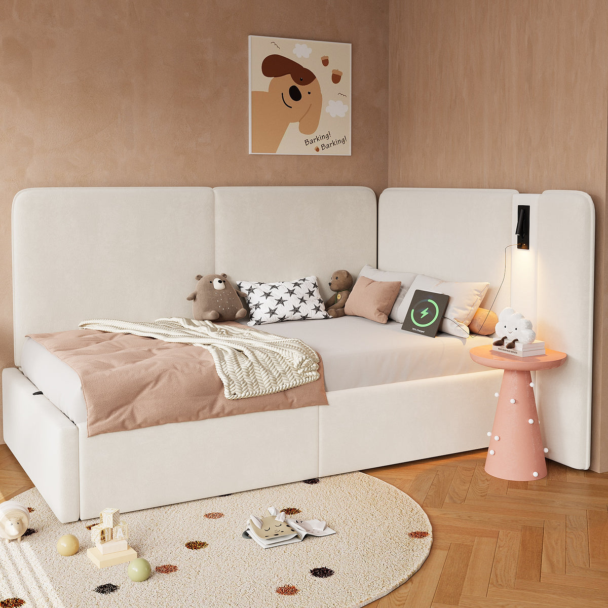 Daybed 90x200 Cm With Hydraulic Storage, Upholstered Bed, Daybed, Sofa Bed With USB Charging Port And Reading Lamp, Velvet, Beige