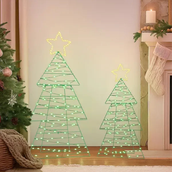 Set Of 2 Lighted Metal Christmas Tree Yard Decorations, Pre-lit Holiday Decor With 150 Green And Warm White LED Lights For Xmas Outdoor Indoor Decor Lighted Holiday Displays