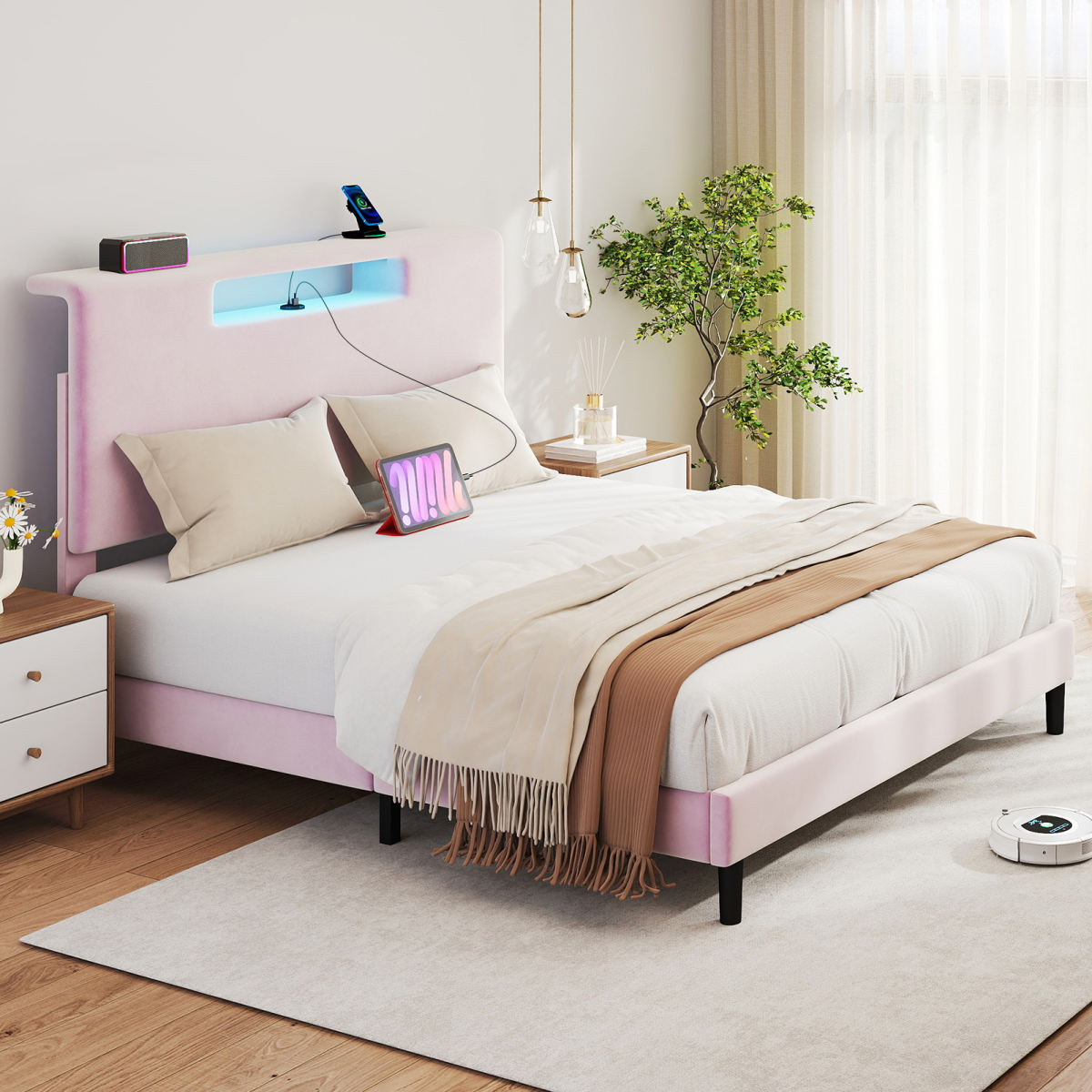 Full Size Upholstered Bed Frame With High Headboard Adjustable LED Lights Charging Port Wood Slat Support Platform Bed Frame Noiseless No Box Spring Needed Easy Assembly Pink