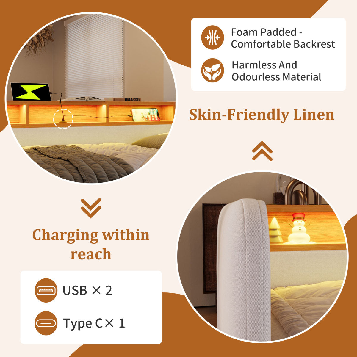 Upholstered Daybed With Headboard Storage, 90 X 190 Cm Single Sofa Bed With LED And USB Type-C Reading Light, 3FT Daybed With 2 Drawers, Linen, Beige Without Mattress