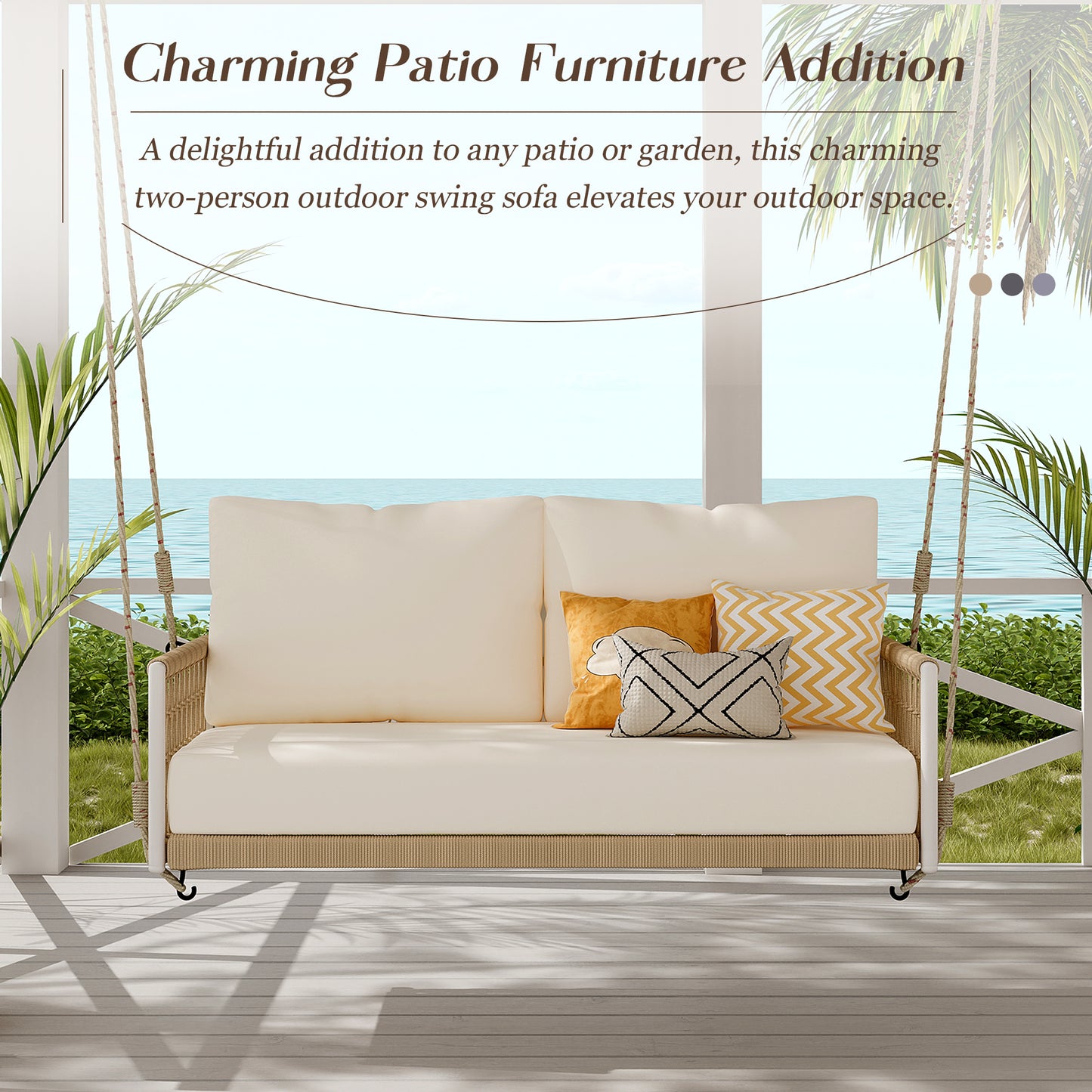 TREXM 1-Piece Woven Rope Outdoor Swing Sofa With Soft Cushions Seating 2 For Patio, Courtyard And Balcony Beige