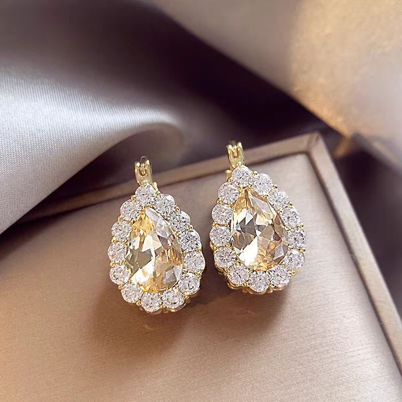 Double Sided Sparkling Zircon Teardrop Huggie Earrings For Women, Light Luxury Niche High-End Trendy Fashion Ear Jewelry Wholesale