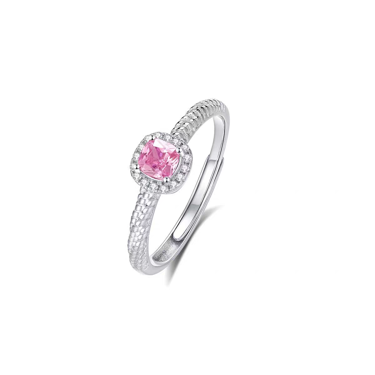 1 Piece 999 Sterling Silver Pink Cushion Cut CZ Ring, Halo Pave Twisted Band Style, For Daily Wear & Valentine's Gifts