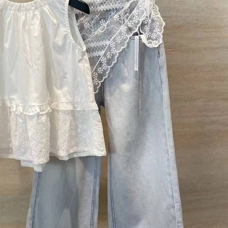 Girls Western-style Korean-style Shirt And Denim Pants Two-piece Set