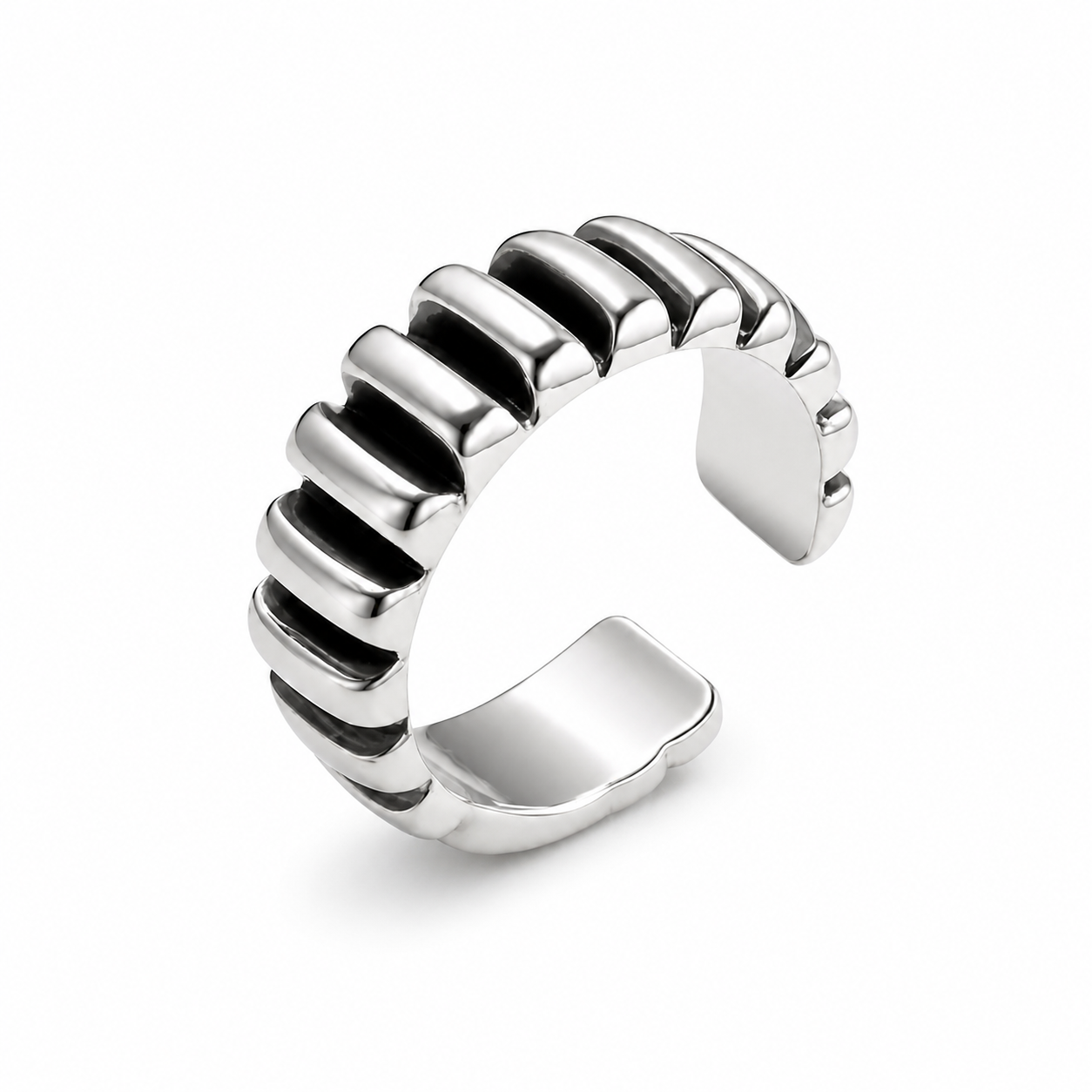 Chunky Vertical Groove Gear Texture Open Adjustable Wide Band Ring, Copper Silver Plated Minimalist Punk Stackable Daily Jewelry Gift For Men Women