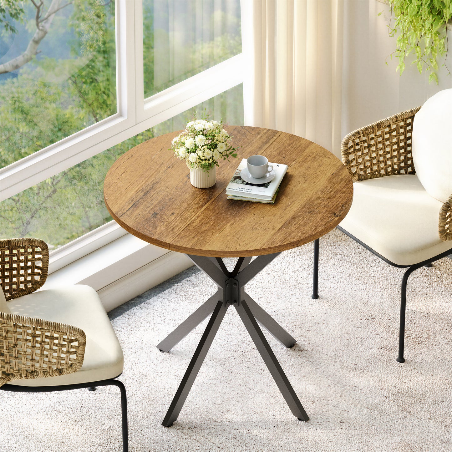 Farmhouse Style Round Table With X-legs, 80 Cm - Kitchen Table, Dining Table For Living Room, Home Office, Balcony Or Cafe - Retro Brown & Black