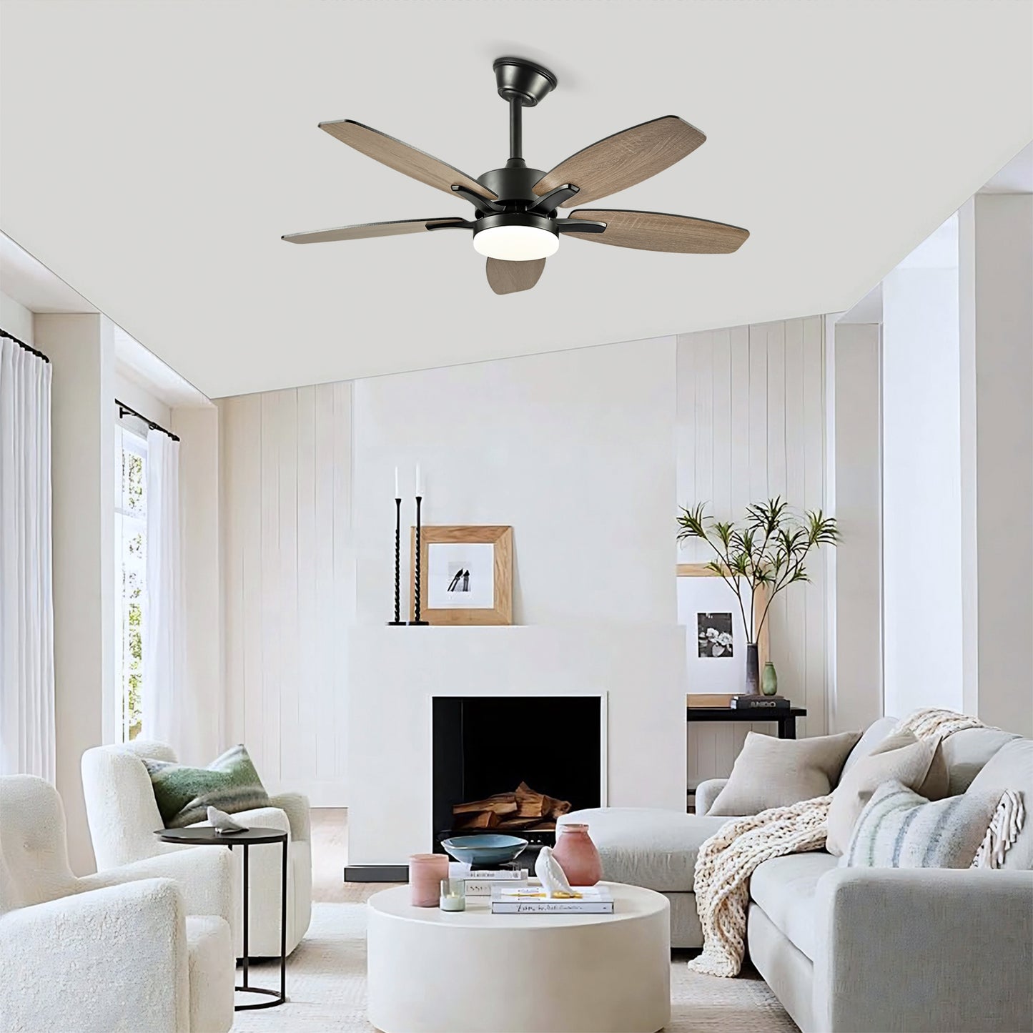 42 5PCS Plywood Blades Ceiling Fan With Lights Remote Control,Quiet DC Motor Ceiling Fans 6 Speed Levels,Reversible Ceiling Fan,for Patio Living Room, Bedroom, Office,Indoor. Matte Black